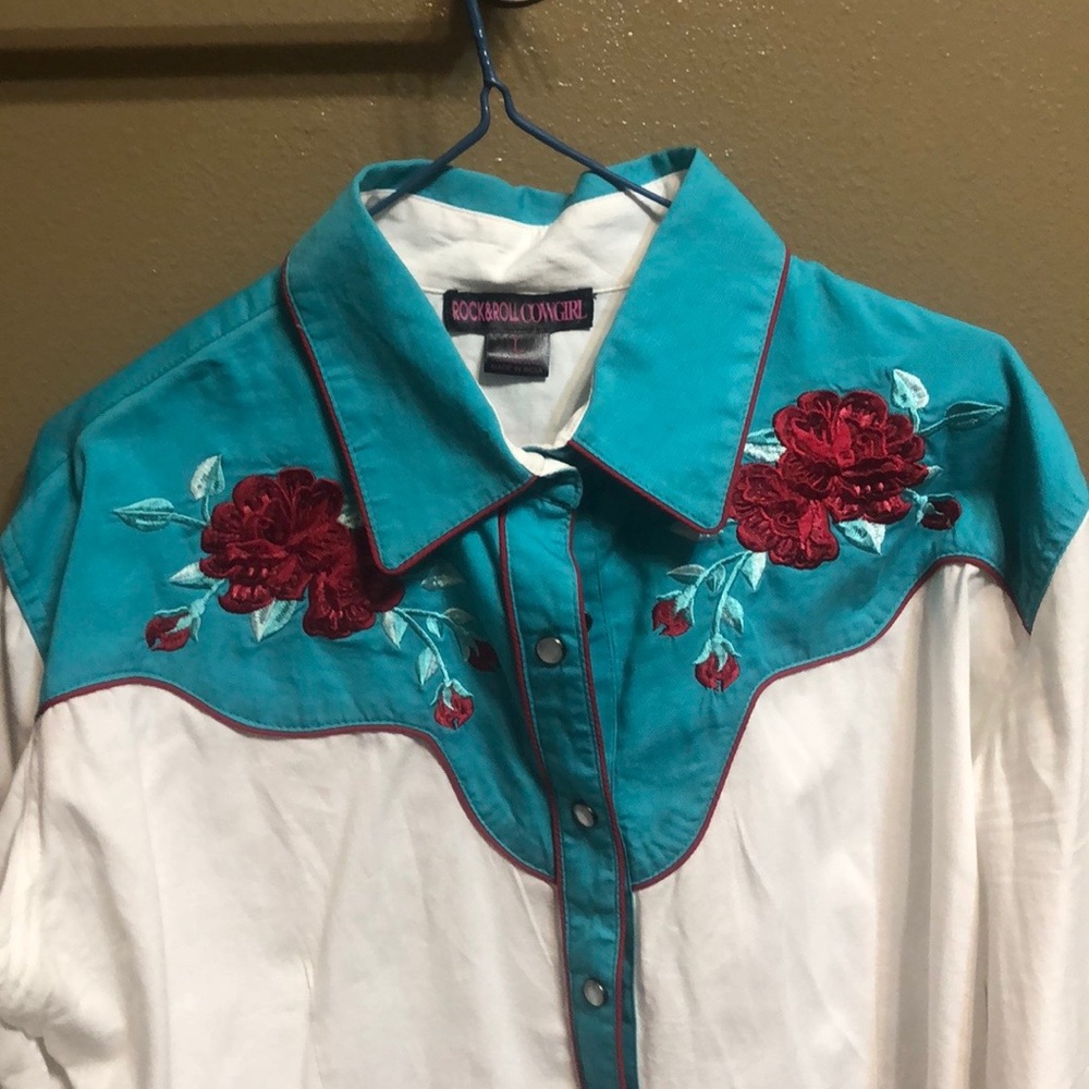 Rock and Roll Cowgirl rose embroidered button down